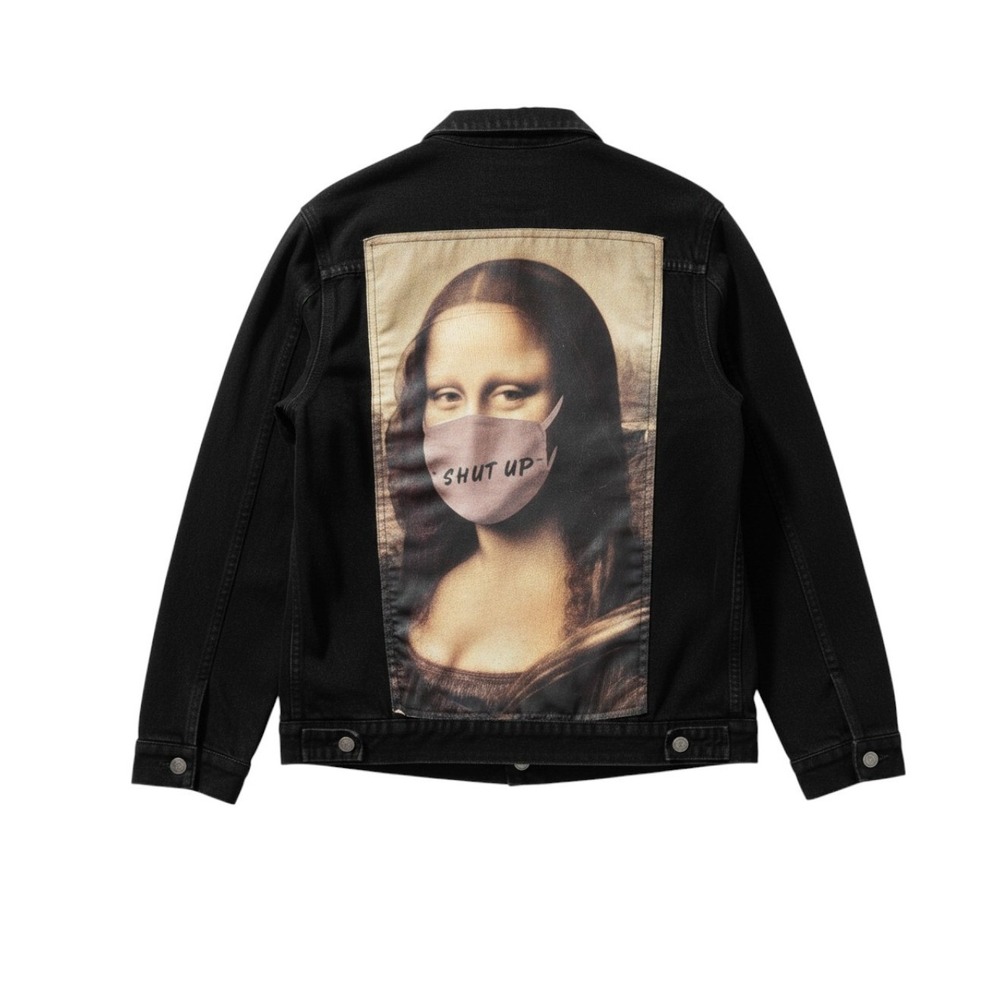 American‎ Bazi Mona Lisa Graffiti Shut Up Jean Jacket Black Distressed Denim M